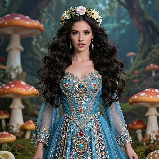 Digital illustration of a dark-haired woman in an ornate blue fairy dress adorned with gemstones and embroidery, wearing a flower crown, standing in a forest