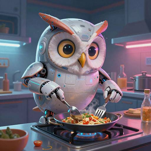 Cybernetic Owl Chef in a Neon Kitchen