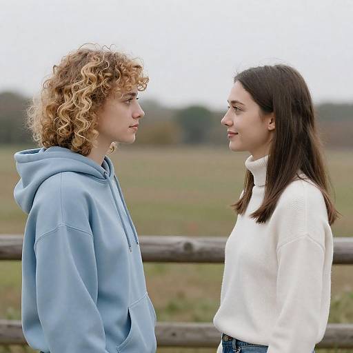 Two Women Facing Each Other Outdoors