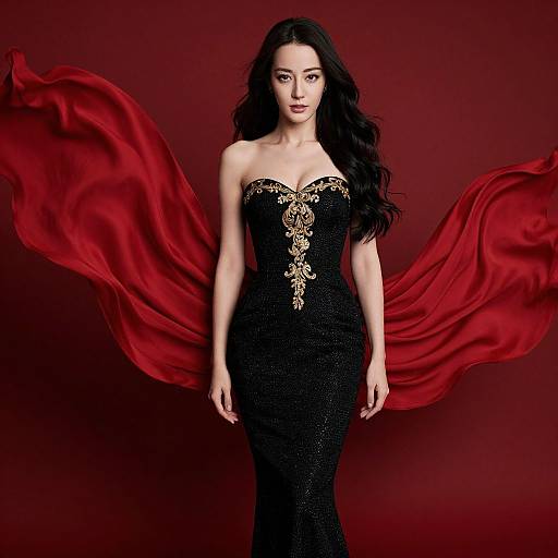 Photograph of a beautiful woman with long black hair, wearing a strapless black dress with gold embroidery, against a red background with flowing red fabric.
