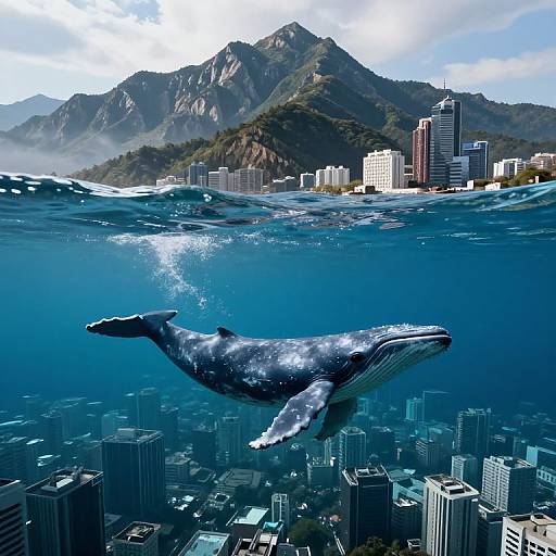 Photorealistic digital artwork of a massive blue whale swimming underwater in a cityscape, with mountains and skyscrapers in the background.