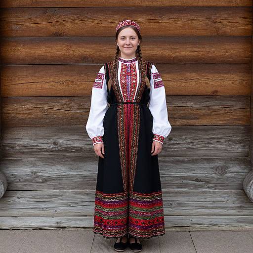 Photograph of a smiling woman in traditional Eastern European folk attire, standing against a wooden log cabin wall, wearing a black dress with red and white embroidery