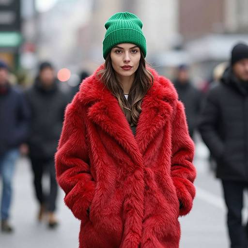 Photograph of a confident woman in a vibrant red fur coat and green knit beanie, standing in a blurred city street.
