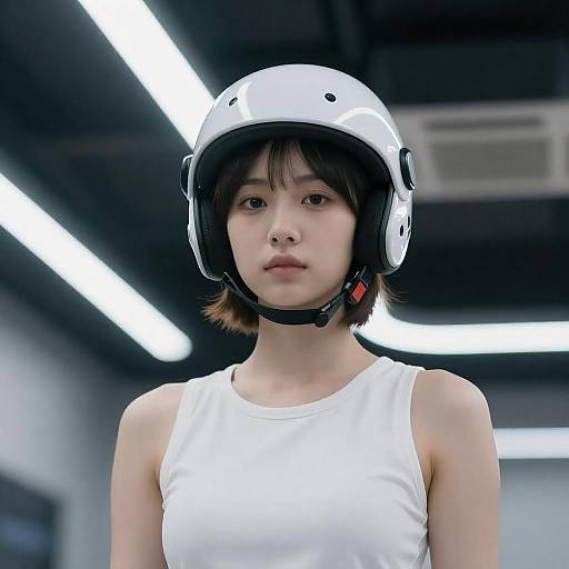 Young Woman in Futuristic White Helmet