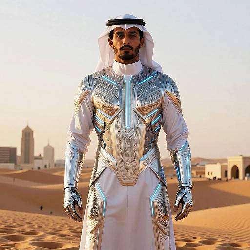 Photograph of a Middle Eastern man in futuristic silver armor, white traditional dishdasha, and headscarf, standing in a desert with a city