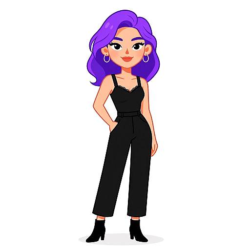 Cartoon-style digital drawing of a confident woman with purple hair, wearing a black sleeveless jumpsuit, hoop earrings, and black ankle boots.