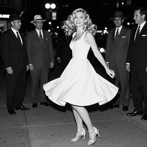 Black-and-white photograph of a smiling blonde woman in a white, sleeveless, knee-length dress and high heels, twirling in front of four suited