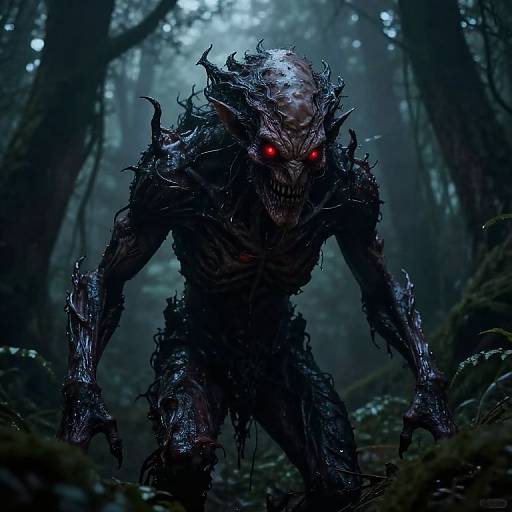 Grotesque Creature in Misty Forest