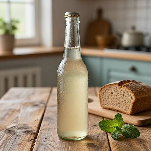 Photograph of a frosted glass bottle filled with light yellow liquid, next to sliced brown bread on a wooden table, with fresh mint leaves and a