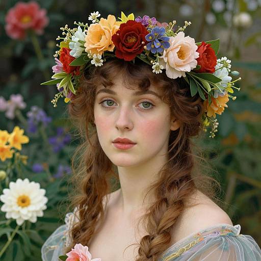 Photograph of a fair-skinned, red-haired woman with blue eyes, wearing a colorful floral crown, pastel off-shoulder dress, surrounded
