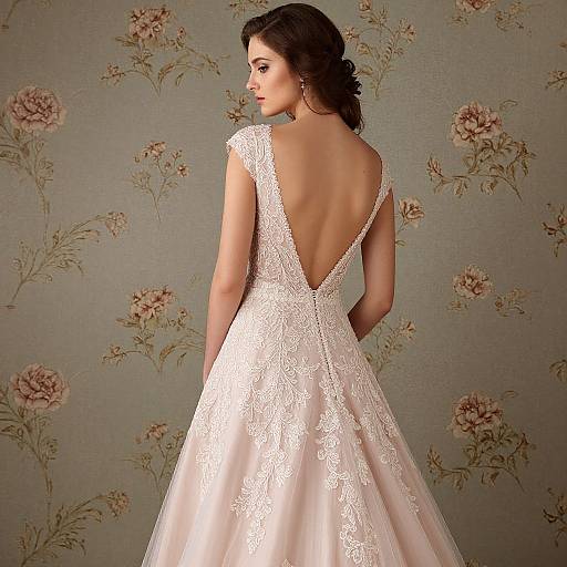 Photograph of a brunette woman with wavy hair, wearing an elegant, lace-embellished, backless white wedding gown, against a floral