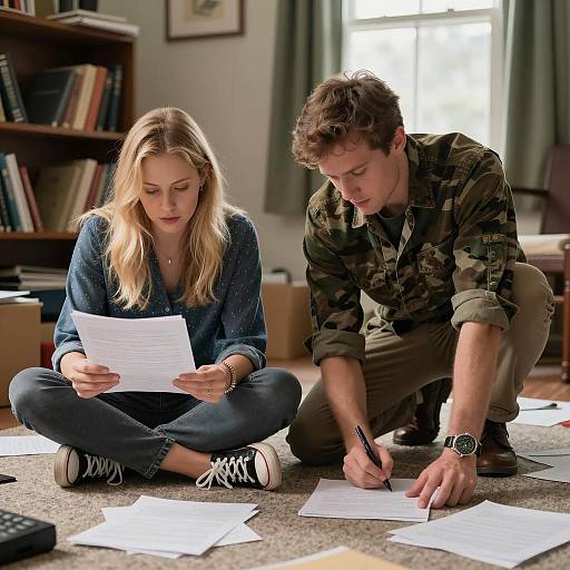 Young people reviewing documents on floor