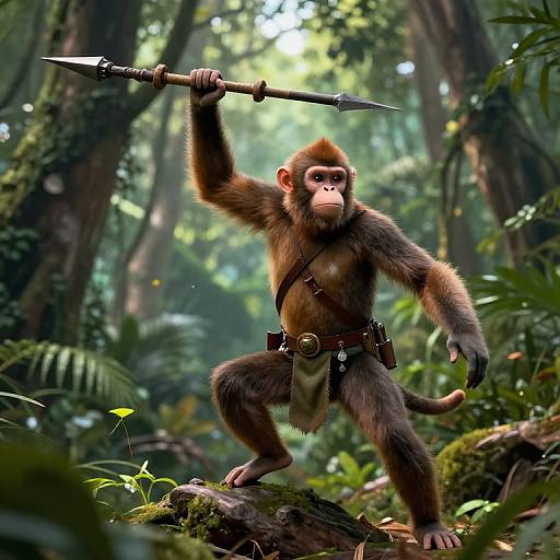 Boulder Monkey Ranger with Spear in Jungle