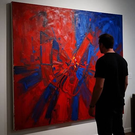 Photograph of a man in a black shirt, silhouetted against a vibrant abstract painting with red, blue, and black brushstrokes.