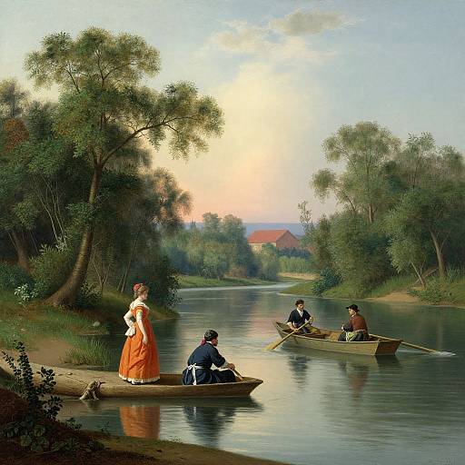Romantic pastoral painting of a serene river scene at sunset, with a woman in an orange dress standing on the shore, and three men rowing a