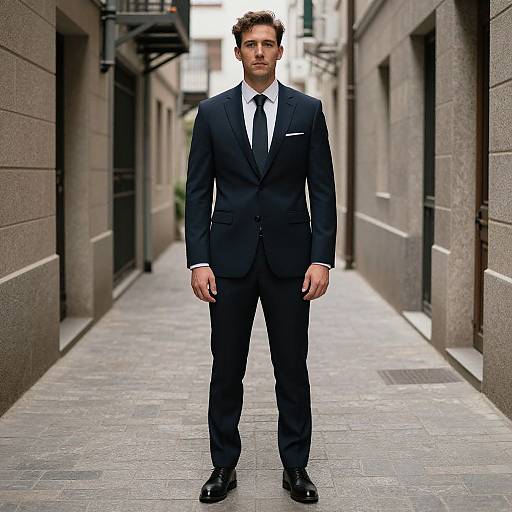 Photograph of a tall, handsome man in a dark navy suit, white shirt, black tie, and black shoes, standing confidently in a narrow,