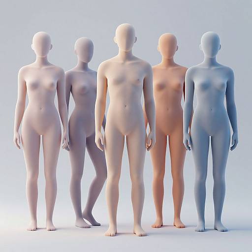 Photorealistic CGI image of five faceless, nude human figures standing in a row, each with different skin tones from light blue to warm beige.