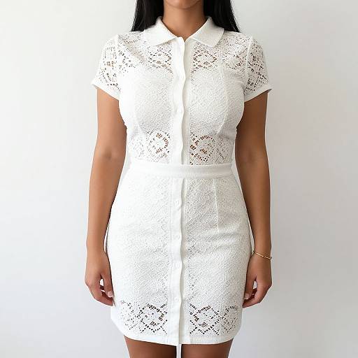 Photograph of a woman with long black hair wearing a short-sleeved, white lace dress with a button-down front, standing against a plain white