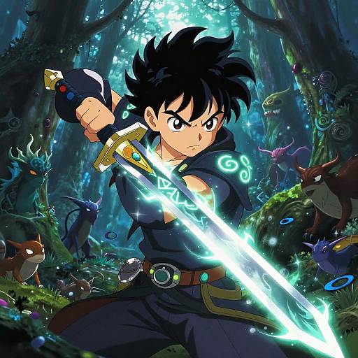 Digital anime-style illustration of a fierce young warrior with spiky black hair, glowing sword, and dark outfit, fighting mystical forest creatures.