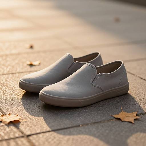 Photograph of a pair of matte gray slip-on shoes with low rubber soles, placed on a sunlit, textured concrete sidewalk with scattered autumn leaves