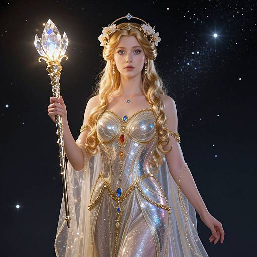 Digital art of a blonde, fair-skinned, fairytale princess holding a glowing staff, wearing a sparkling silver gown with blue and red gems,