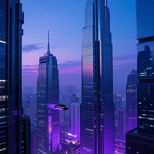 Digital artwork of a futuristic cityscape at dusk, featuring tall, reflective skyscrapers in deep blue and purple hues, with illuminated windows and a blurred