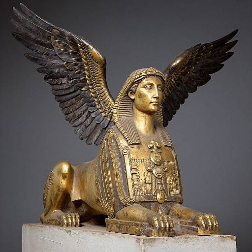 Golden statue of a winged lion with Egyptian-style headdress, lying on a white pedestal, against a dark gray background. Photograph.