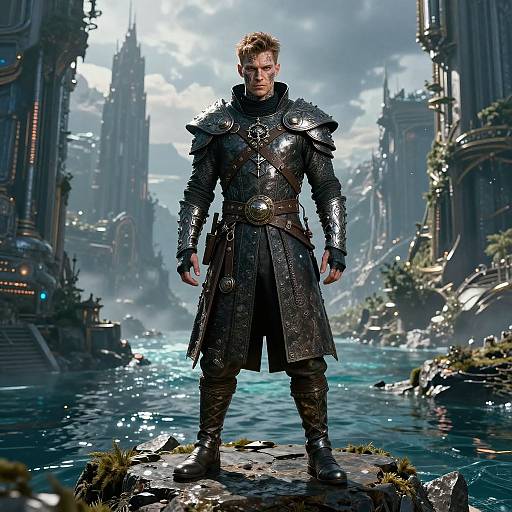 Photorealistic CGI of a muscular, blond-haired man in ornate, dark medieval armor, standing on a rocky riverbank in a fantasy cityscape
