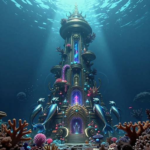 Digital art of an underwater, glowing, multi-tiered temple with vibrant corals, bioluminescent creatures, and a central blue-lit figure