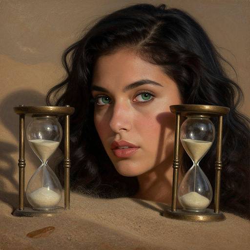 Digital painting of a young woman with long black hair, green eyes, and fair skin, gazing at two brass hourglasses on a beige surface