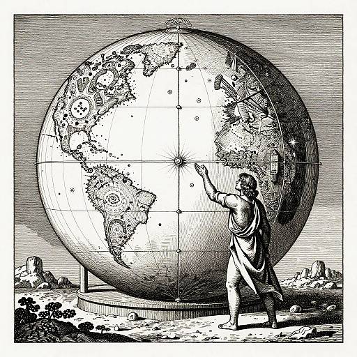 Black and white illustration of a person in a toga touching a massive, detailed globe with continents and grid lines.