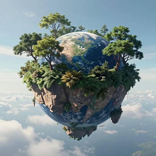 Digital artwork of a floating Earth covered in lush green trees and plants, surrounded by a clear blue sky with white clouds.