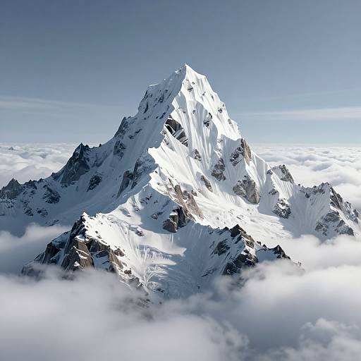 Photograph of a towering, snow-covered mountain peak with sharp edges, surrounded by clouds, under a clear blue sky.