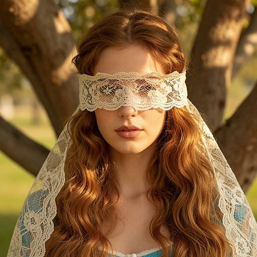 Photograph of a young woman with long, wavy auburn hair, wearing a delicate lace blindfold, lace veil, and blue dress,