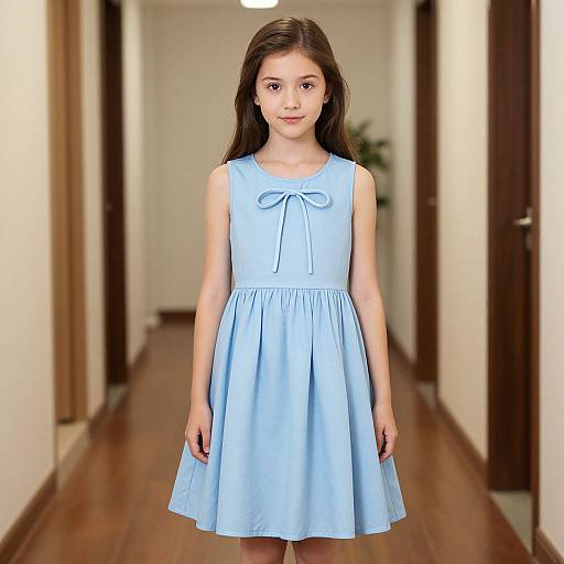 Photograph of a young girl with long brown hair, wearing a light blue sleeveless dress with a bow, standing in a wooden floored hallway.