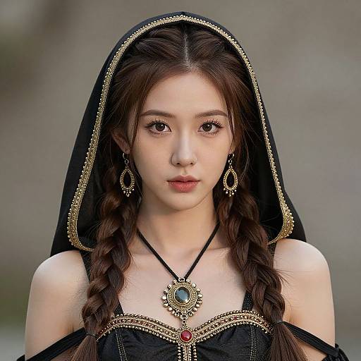 Photograph of a young Asian woman with long braids, wearing a black veil with gold trim, off-shoulder black dress, and ornate