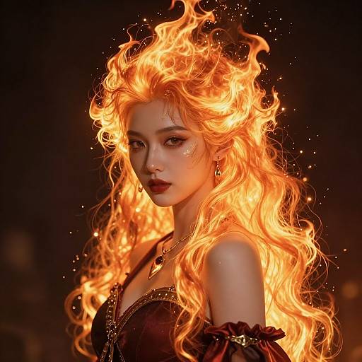 Digital artwork of a beautiful, fiery-haired woman with glowing orange flames for hair, wearing a black off-shoulder dress, set against a dark background