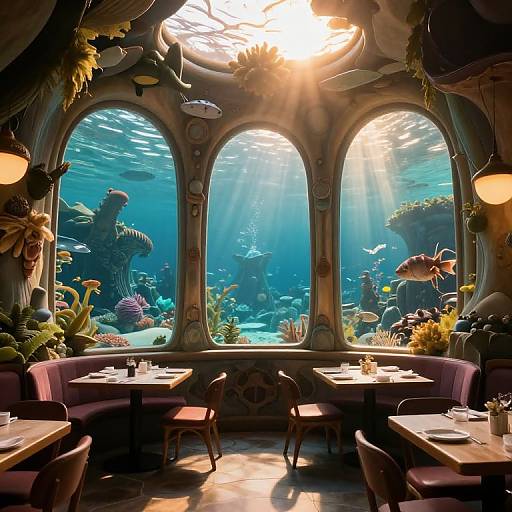 Photograph of an underwater-themed restaurant with arched windows revealing colorful fish and coral, sunlight streaming through, surrounded by purple cushioned chairs and wooden tables