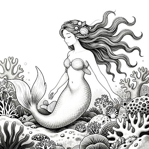 Mystical Mermaid Line Art Illustration
