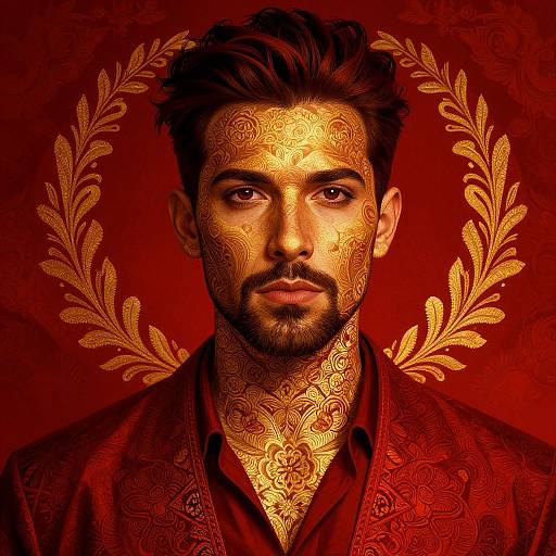 Digital portrait of a bearded man with intricate gold patterns on his face and red robe, framed by golden laurel leaves against a red background.