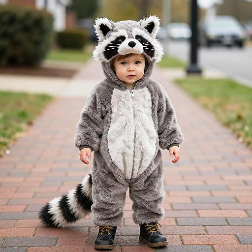 Toddler in Raccoon Costume on Sidewalk