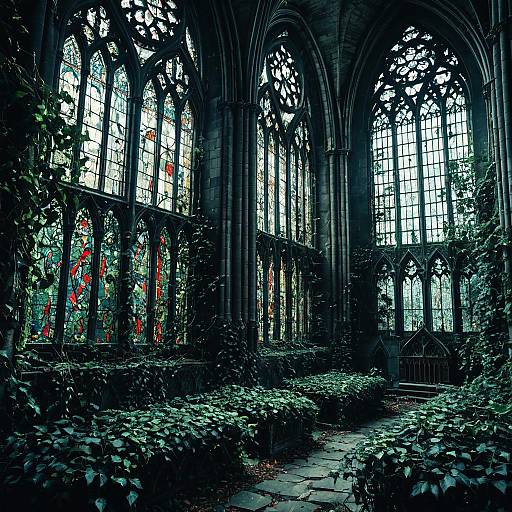 Abandoned Gothic Cathedral with Ivy Overgrowth