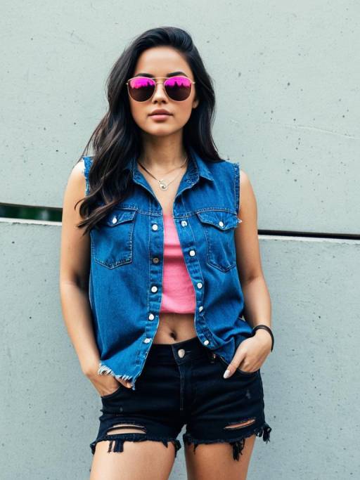 Young Woman in Denim Outfit with Reflective Sunglasses