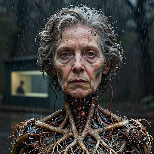 Digital art of an elderly woman with wet, gray curly hair, exposed mechanical inner body, and rain falling, set against a dark, blurred background.