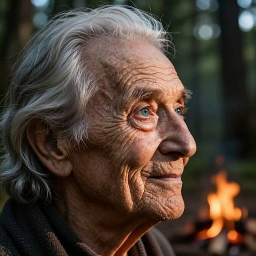 Close-up photograph of an elderly woman with silver hair, deep wrinkles, and blue eyes, gazing into the distance by a campfire in a forest