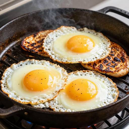 Photograph of two sunny-side-up eggs with vibrant yellow yolks and crispy edges, cooking in a black cast-iron skillet on a stovet