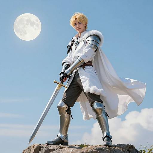 Photorealistic digital art of blond warrior in silver armor, white cape, and sword, standing on rocky ground under bright full moon.