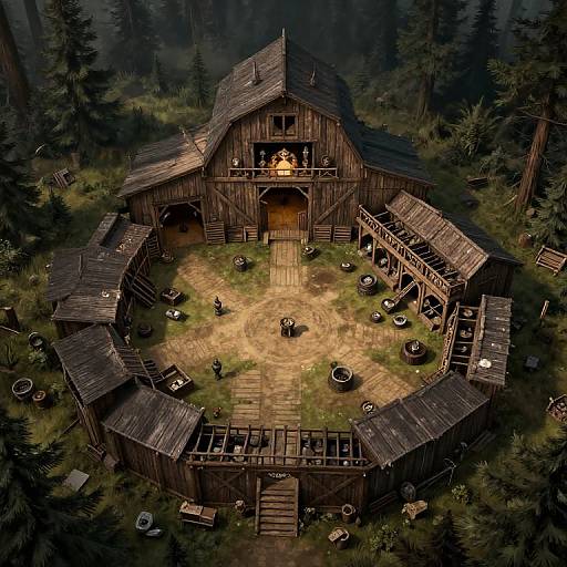 Aerial photograph of a rustic, wooden, circular cabin complex with lit windows, surrounded by barrels and set in a dense forest.