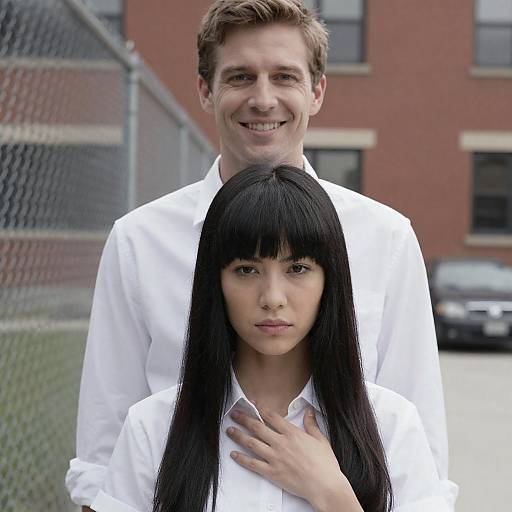 Smiling Man Behind Serious Woman Portrait