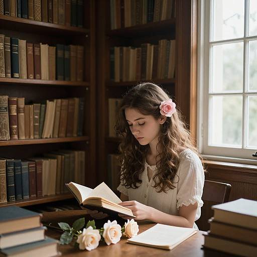 Photograph of a young woman with long curly brown hair, a pink rose in her hair, wearing a white blouse, reading a book in a sun